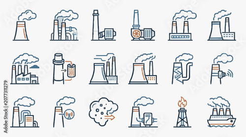 Industrial Set Showcasing Various Power Plants Factories and Pollution Concepts in Minimalist Blue and Orange Line Art