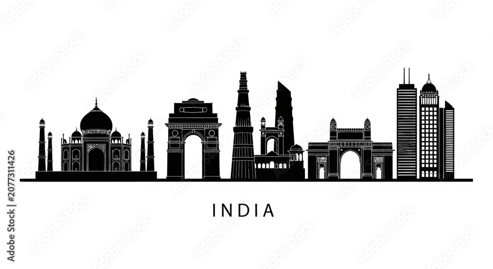 Naklejka premium India Skyline Silhouette - Iconic Landmarks and Modern Architecture