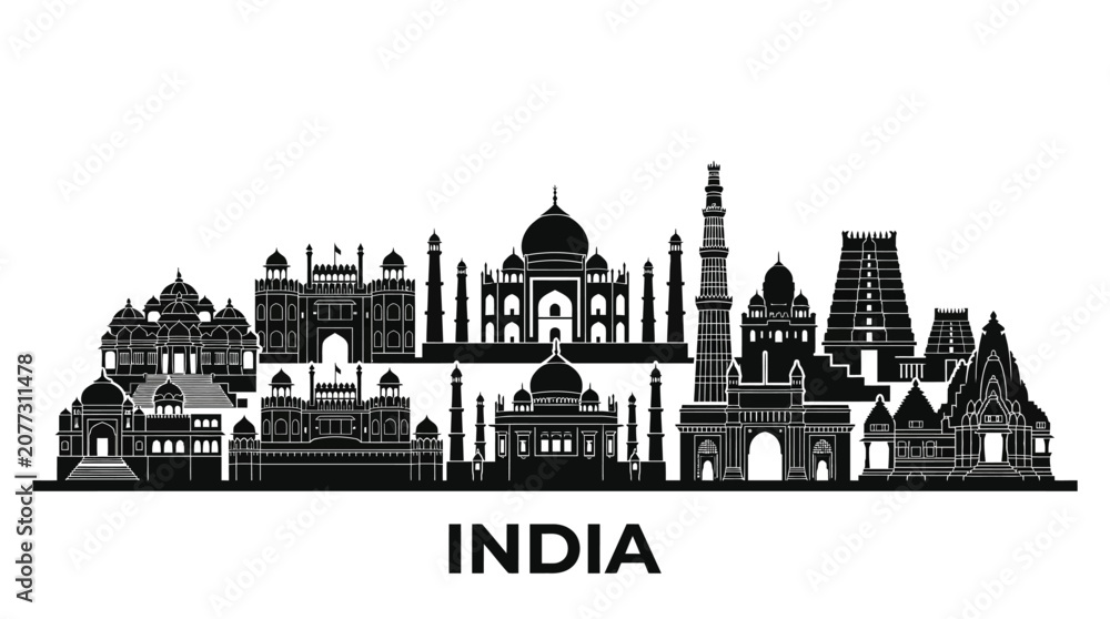 Naklejka premium India Skyline Silhouette - Iconic Landmarks Collection