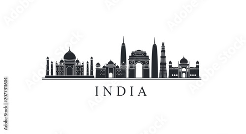 India Skyline Silhouette with Famous Landmarks on White Background