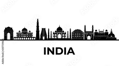 India Skyline Silhouette with Famous Landmarks - Vector Illustration