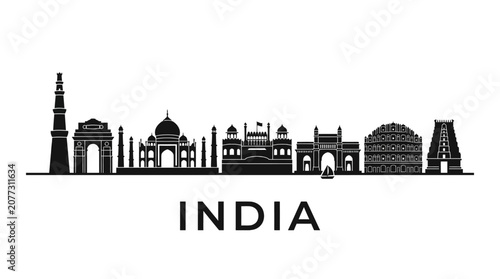 India Skyline Silhouette with Famous Landmarks