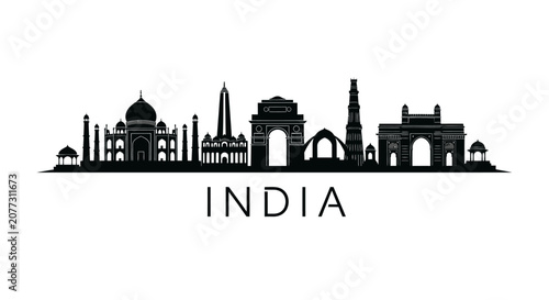 India Skyline Silhouette, Famous Landmarks From Delhi and Agra, Vector Illustration