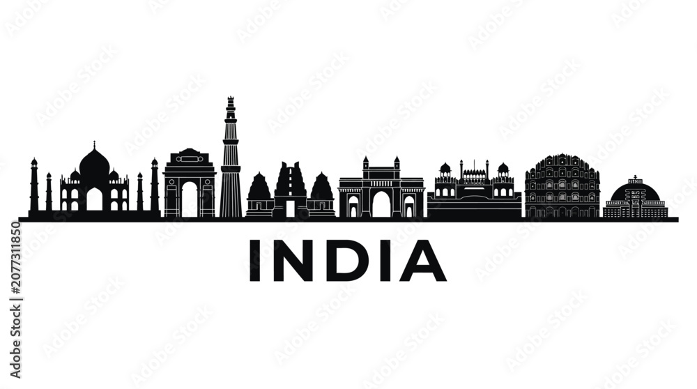 Fototapeta premium India Skyline Silhouette Black and White Iconic Landmarks Travel