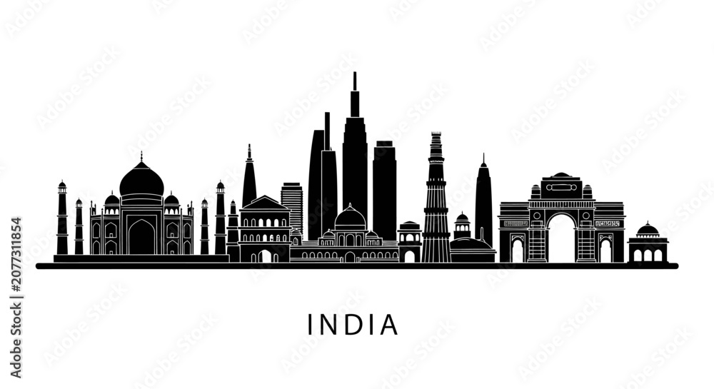 Fototapeta premium Indian Landmarks Silhouette, Taj Mahal, India Gate, Cityscape