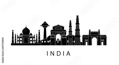 India Skyline Silhouette, Famous Landmarks, Travel, Architecture, Monochrome