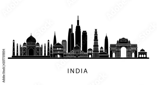 Indian Landmarks Silhouette, Taj Mahal, India Gate, Cityscape