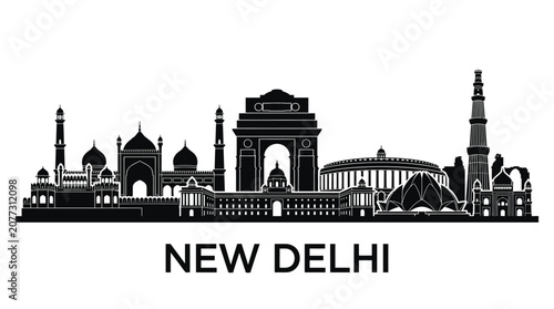 New Delhi Skyline Black Silhouette - Famous Indian Landmarks Illustration