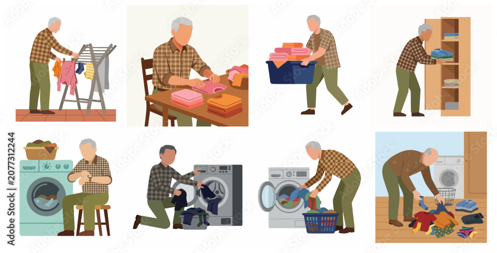 Fototapeta premium Elderly Man Doing Laundry Housework Vector Illustration Set