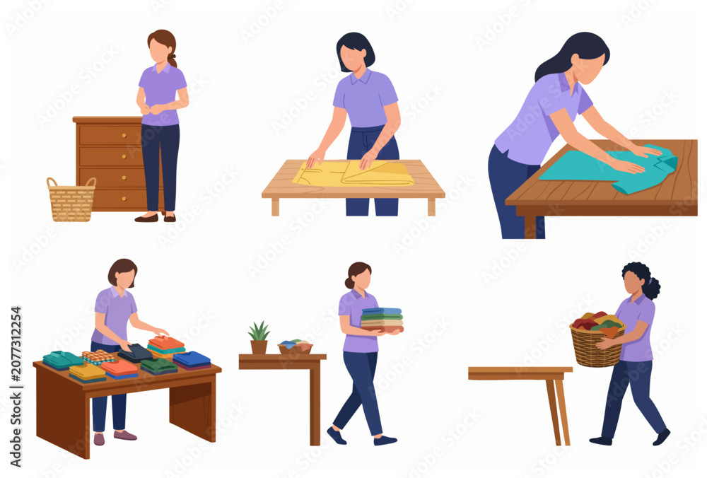 Fototapeta premium Set of female characters performing various laundry tasks, folding clothes, carrying baskets, and organizing garments for housework or professional laundry service.