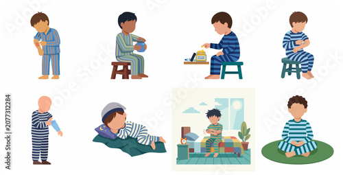 Bild auf Leinwand Set of flat vector illustrations showing a young boy in striped pajamas dealing