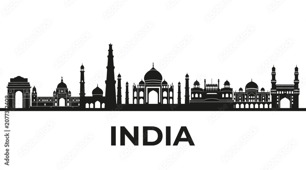 Obraz premium India Skyline Silhouette: Taj Mahal, India Gate, Landmarks Collection on White