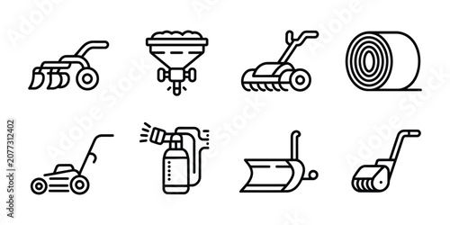Photos Agricultural Machinery Icons with Plow, Seeder, Tiller, Baler, Mower, Sprayer, B