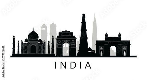 India Skyline Silhouette: Taj Mahal, India Gate, Qutub Minar - Vector Illustration