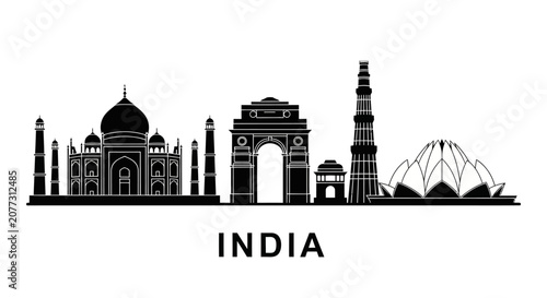 India Skyline Silhouette: Taj Mahal, India Gate, Qutub Minar, Lotus Temple Icons
