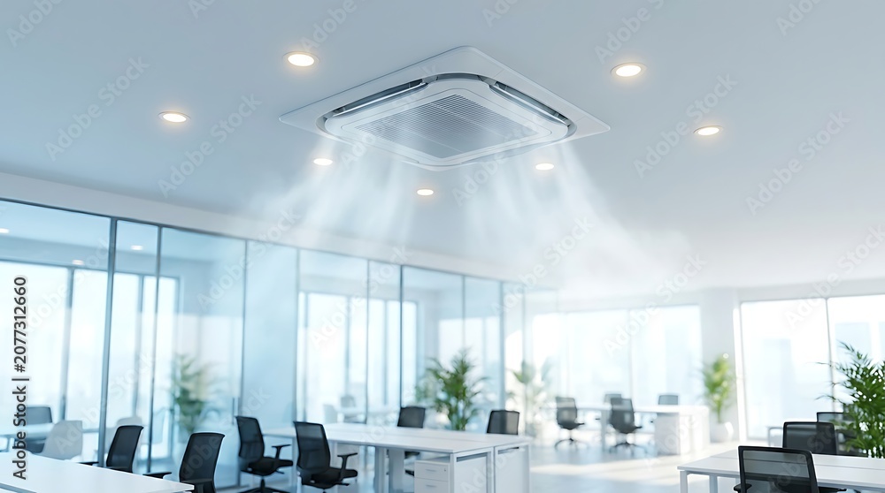 Fototapeta premium Modern office ceiling cassette air conditioner distributing cool fresh air evenly throughout workspace modern interior design with contemporary furniture and natural light from large windows.