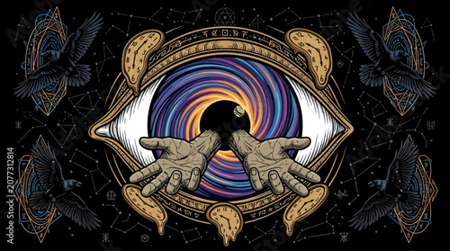 Mystical Eye Cosmic Galaxy Vision with Ravens and Hands