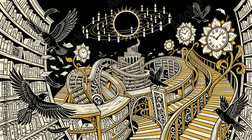 Enchanted Library Surrealism: Birds, Clocks, and Infinite Books