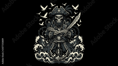 Pirate Skeleton with Sword, Anchor, and Birds on Black Background