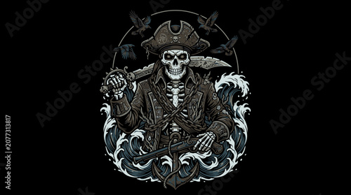 Pirate Skeleton with Sword and Ship Wheel in Ocean Waves