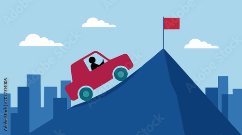 Fotografi Red car driving up a mountain to reach a flag, symbolizing goal achievement