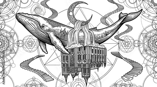 Mystical Whale Ascending Through Geometric Sacred Architecture and Stairways