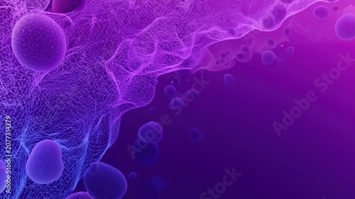 Abstract digital illustration of glowing purple and blue spheres interconnected by flowing lines against a vibrant gradient background