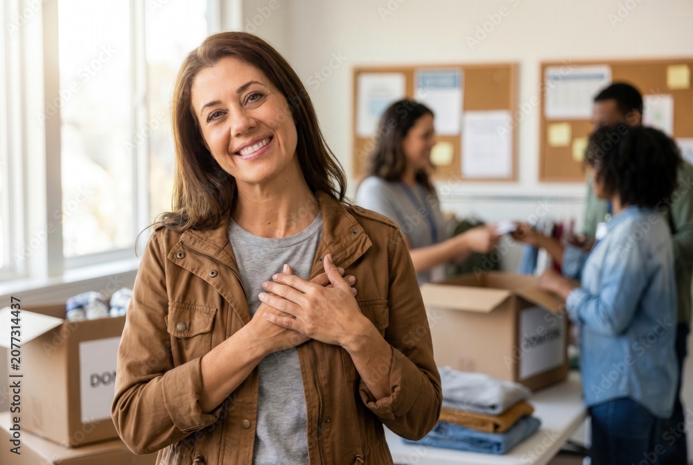 Obraz premium Smiling woman volunteering at a donation center with hands on her chest