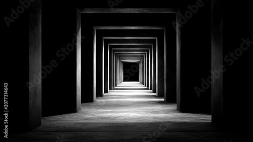 repeating door frames aligned into infinite perspective, fading into darkness, strong depth and symmetry, black and white photography