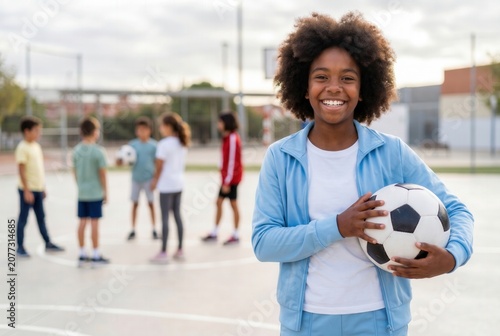 Young girl stands on a court holding a soccer ball with friends out of focus