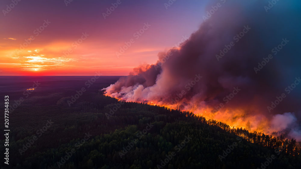 Fototapeta premium Aerial view of a raging wildfire in a dense forest