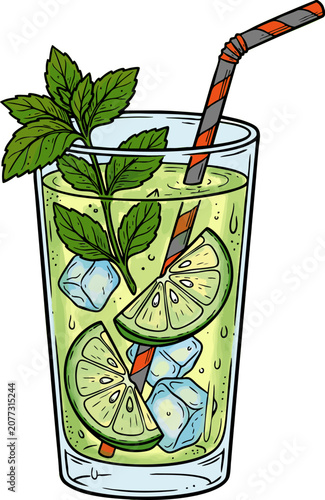 Summer Lime Lemonade with Mint Hand Drawn Vector Illustration