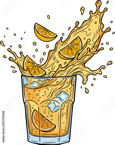 Refreshing Lemonade Splash in Glass Hand Drawn Vector Illustration