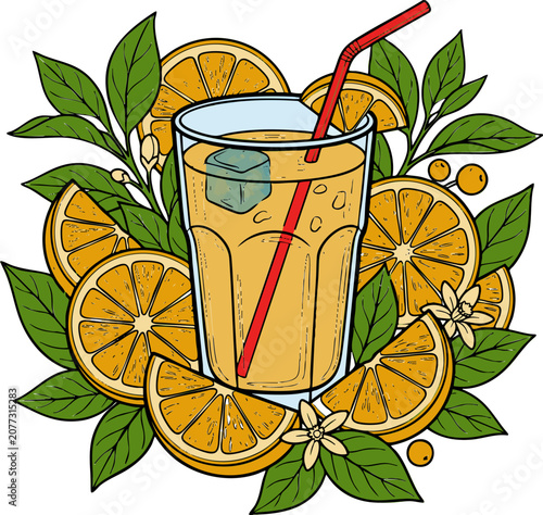Fresh Orange Juice with Orange Slices Hand Drawn Vector Illustration