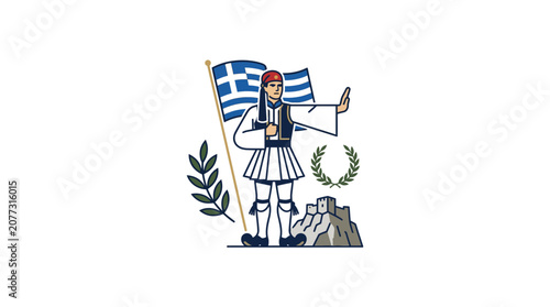 Greek Traditional Guard Holding Flag with Laurel Wreath and Ruins