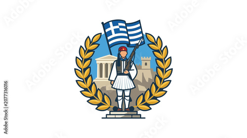 Greek Traditional Guard Standing with Flag and Historical Architecture Emblem