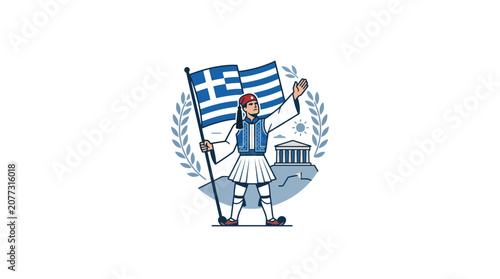 Greek Traditional Evzone Guard Holding National Flag Illustration