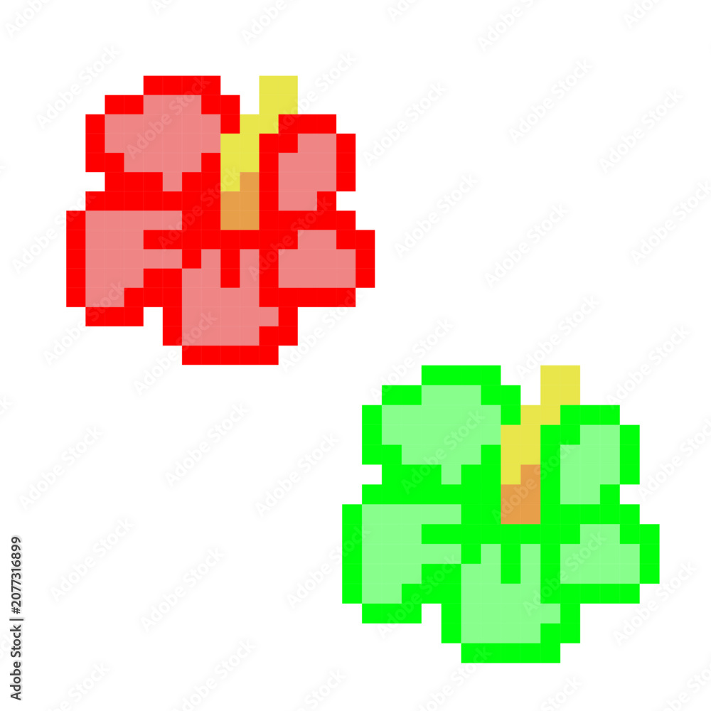 Fototapeta premium Cute red and green tropical hibiscus flowers pixel art vector icon asset