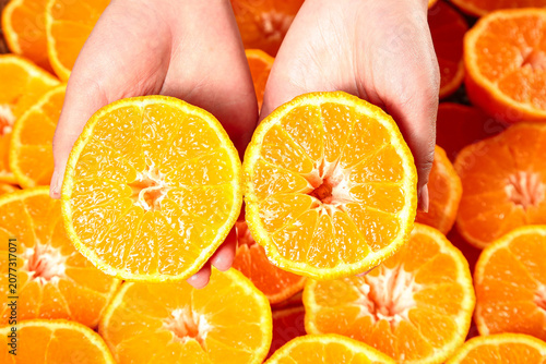Photography Fresh Orange Halves in Hands - Juicy Citrus Fruit Still Life Studio Photography