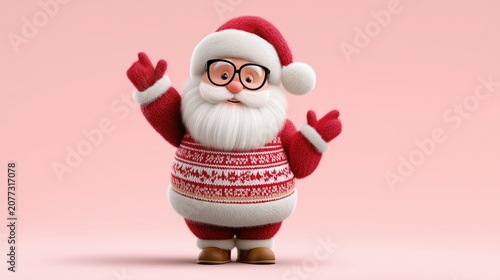 Cartoon Santa Claus character wearing red sweater and glasses, waving cheerfully against a soft pink background, embodying festive holiday spirit and joy