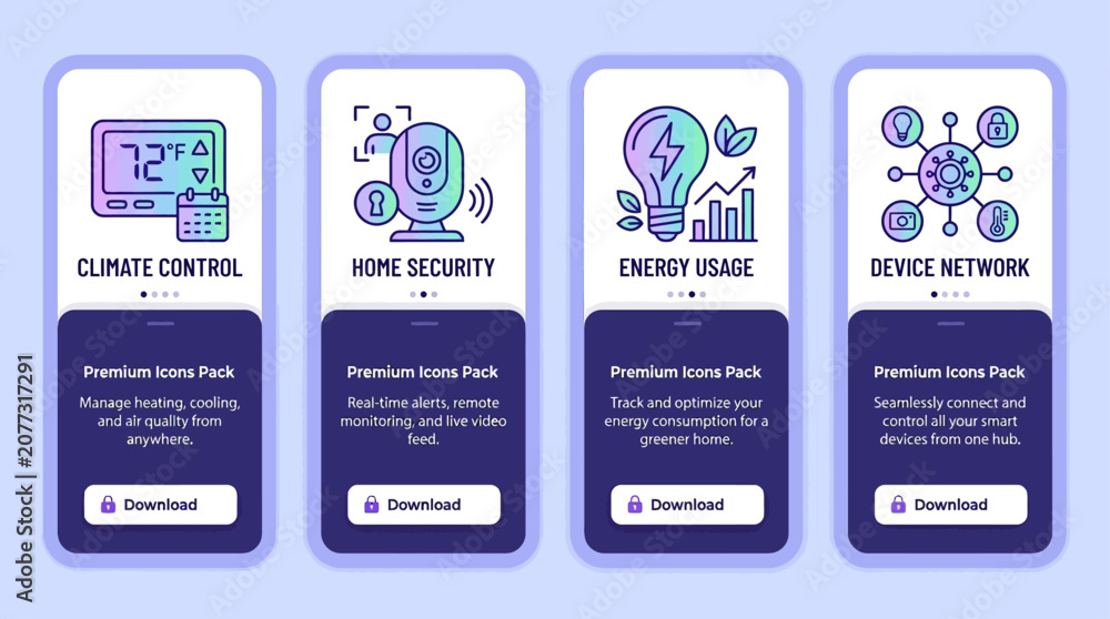 Fototapeta premium Smart Home Icons Vector Pack - Climate Control, Security, Energy, and Network Connectivity