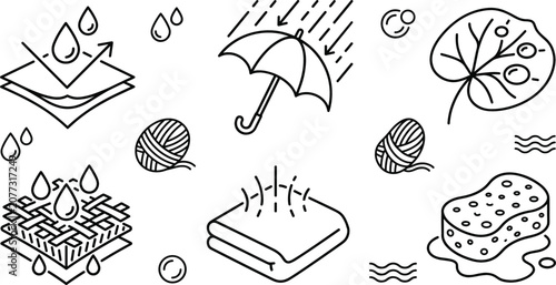 Canvastavla Waterproof fabric properties line icon set featuring umbrella absorbing sponge b