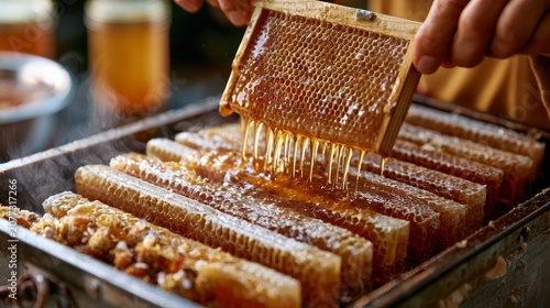 Honey is spun out of frames using a honey extractor. Beekeeping.