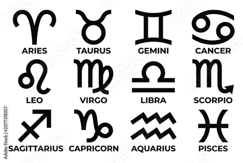 “Complete Set of Twelve Zodiac Astrology Symbols in Bold Black Vector Design”