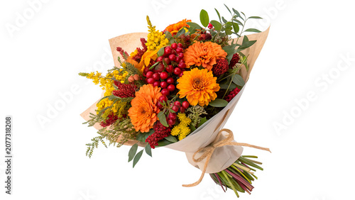 Bild auf Leinwand Beautiful autumn bouquet of fresh colorful flowers with orange blossoms isolated