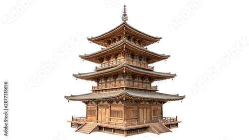 Foto Traditional multi tiered brown wooden Asian pagoda temple building model isolate