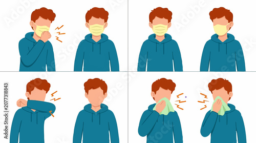 Tableau sur toile Proper Coughing and Sneezing Etiquette: Mask, Elbow, and Tissue Use