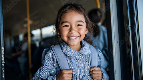 cute child portrait captured inside bus during transit representing travel and public transportation