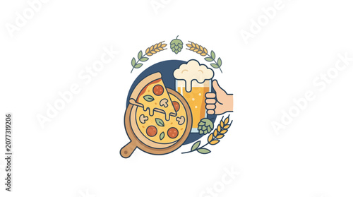 Hand Holding Beer Glass and Pizza Slice Illustration with Grain Wreath