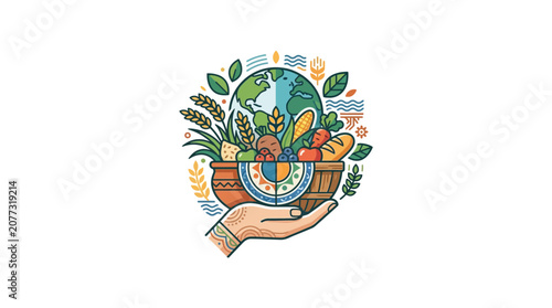 Hand Holding Bowl of Fresh Vegetables with Earth Globe Illustration